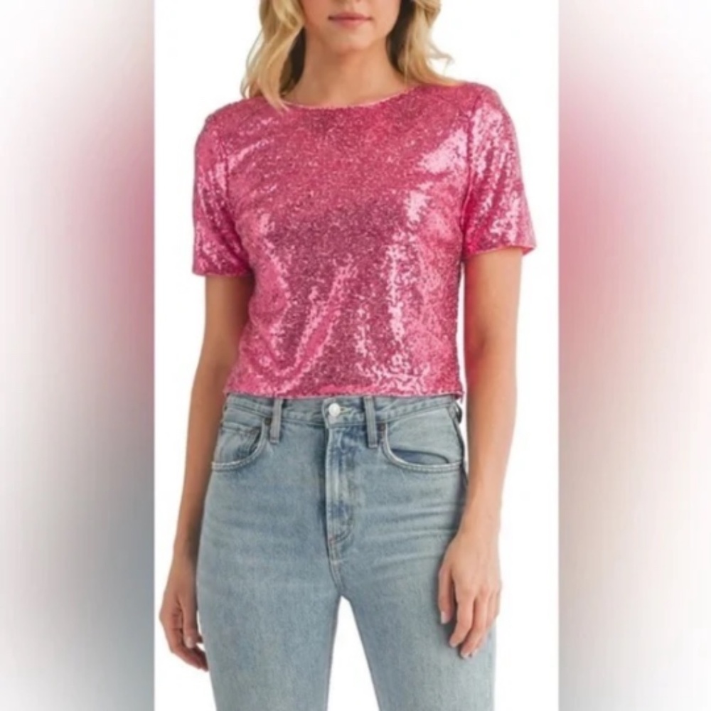 LUSH Sequined Short Sleeve Crop Top Fushia/Pink Size M
